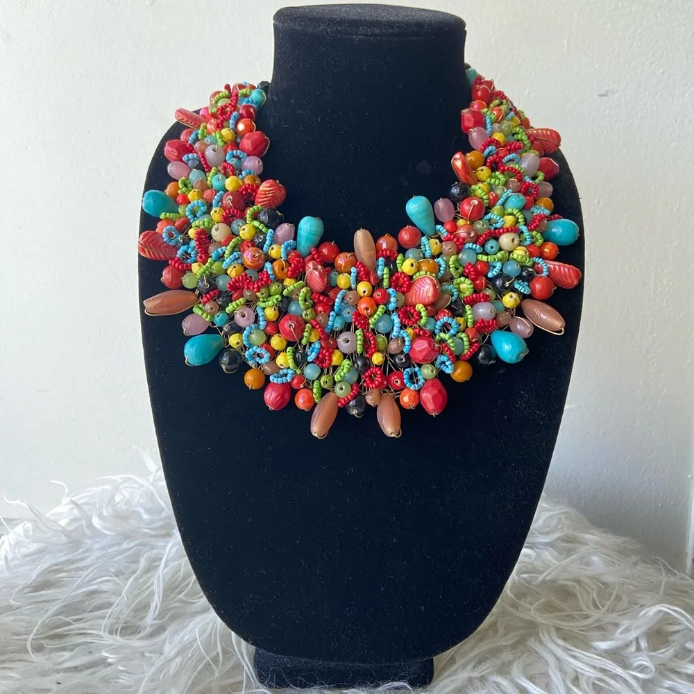 Rainbow Color Beaded Statement Necklace-FIRM PRICE - Picture 3 of 7